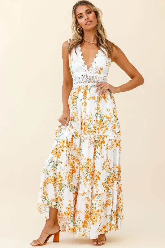 Women's Bright Colored Maxi Dress-Indio Crochet Insert Deep V-Neckline Maxi Dress Floral Print White/Orange Women's Bright Colored Maxi Dress-Indio Crochet Insert Deep V-Neckline Maxi Dress Floral Print White/Orange
