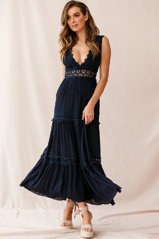 Women's Midi Length Maxi Dress-Indio Crochet Insert Deep V-Neckline Maxi Dress Navy