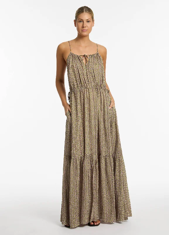 Women's Colorful Ruffle Maxi Dress-Infinity Drawcord Maxi Dress - Kelp