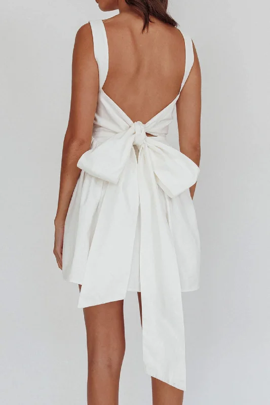 Women's Sexy Satin Slip Mini Dress-Irenic Bow Flare Mini Dress White