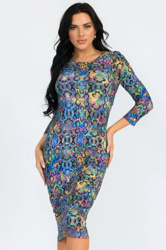 Women's Black Velvet Bodycon Dress -Iridescent Snakeskin Bodycon Midi Dress