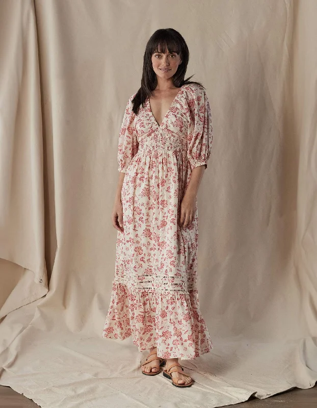 Women's Button Detail Maxi Dress-Isla Maxi Dress in Antique Floral Mineral Red
