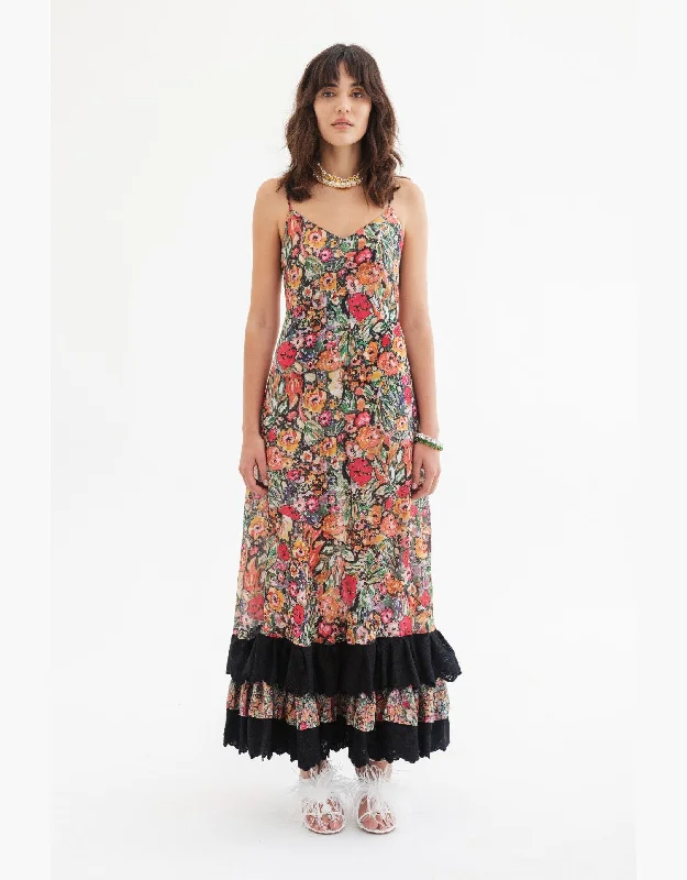 Casual Slip Dress with Pockets -Floral Satin Slip Dress -Cleopatra Silk Midi Slip Dress with Ruffle, Botanic Floral