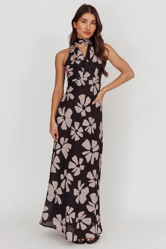Women's Puff Sleeve Maxi Dress-Italia Azure Halterneck Floral Maxi Dress Black