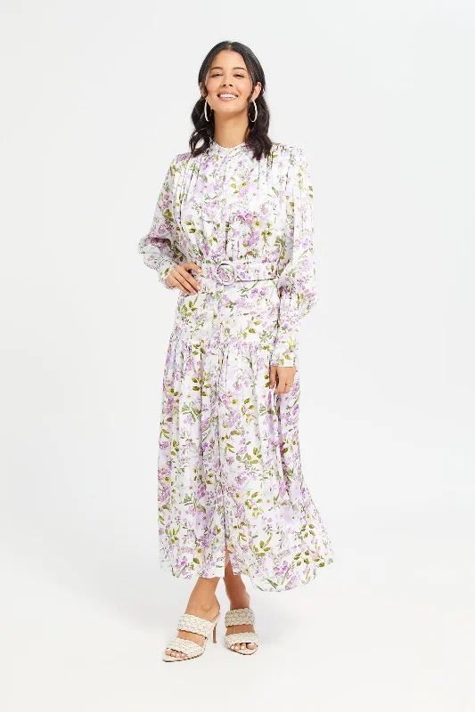 Women's Back Tie Maxi Dress-Women Ivory Printed Maxi Dress
