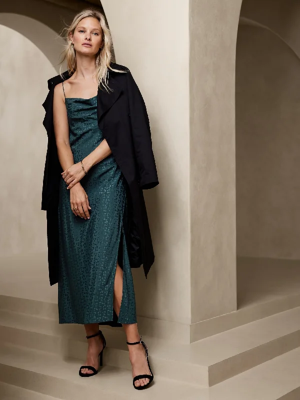 Luxury Slip Dress for Night Out -Slip Dress with Sheer Lace Insert -Jacquard Midi Slip Dress
