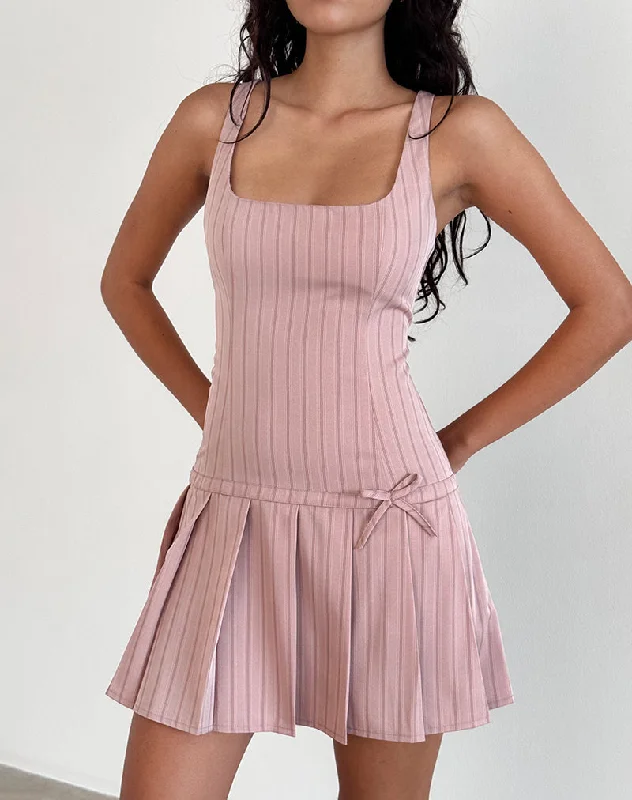 Women's Ruffle Hem Mini Dress-Jadzia Drop Waist Mini Dress in Blush Pinstripe