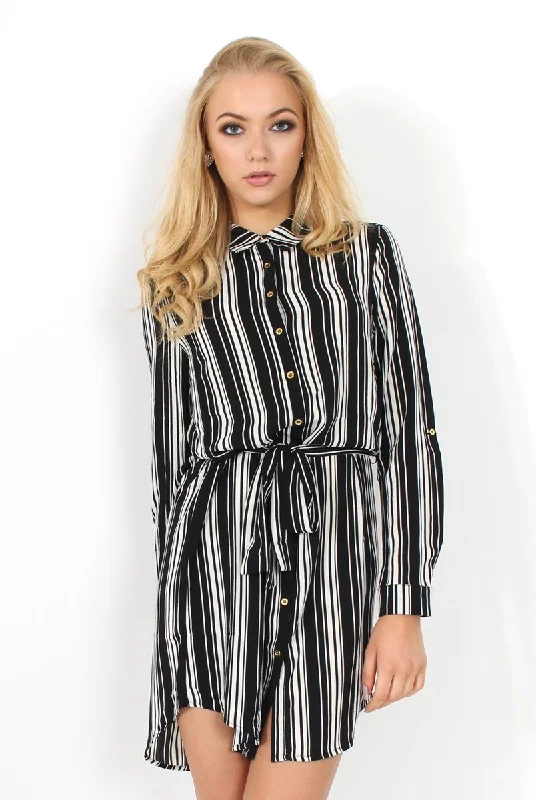 White Embroidered Shirt Dress-Jaime Black and White Striped Shirt Dress