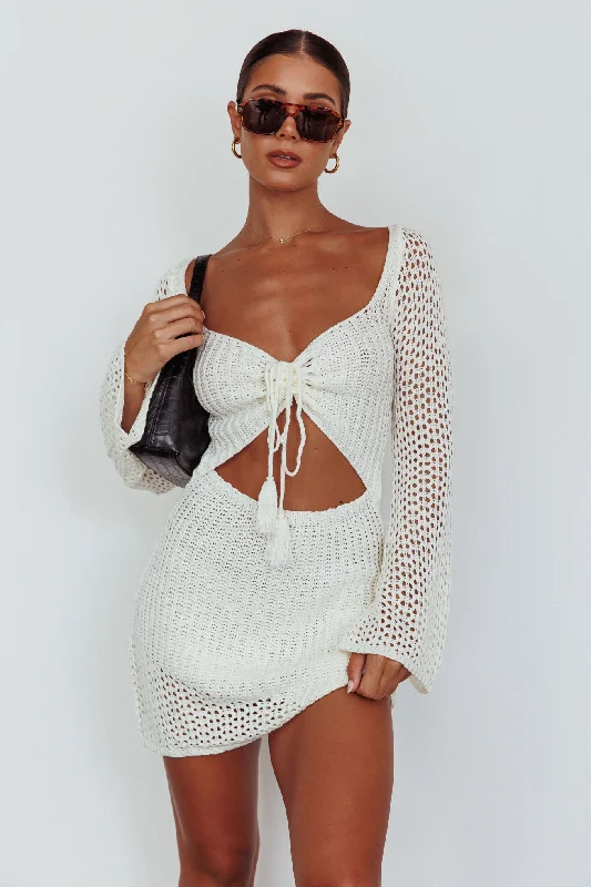 Women's High-neck Lace Mini Dress-Jamaica Bell Sleeve Crochet Mini Dress White
