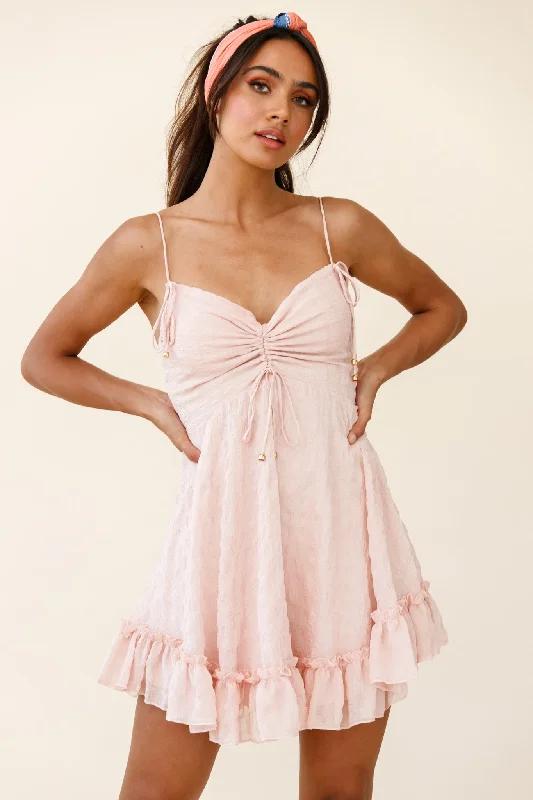 Doll Dress with Custom Design -Janie String Tie Detail Ruffle Hem Babydoll Dress Nude