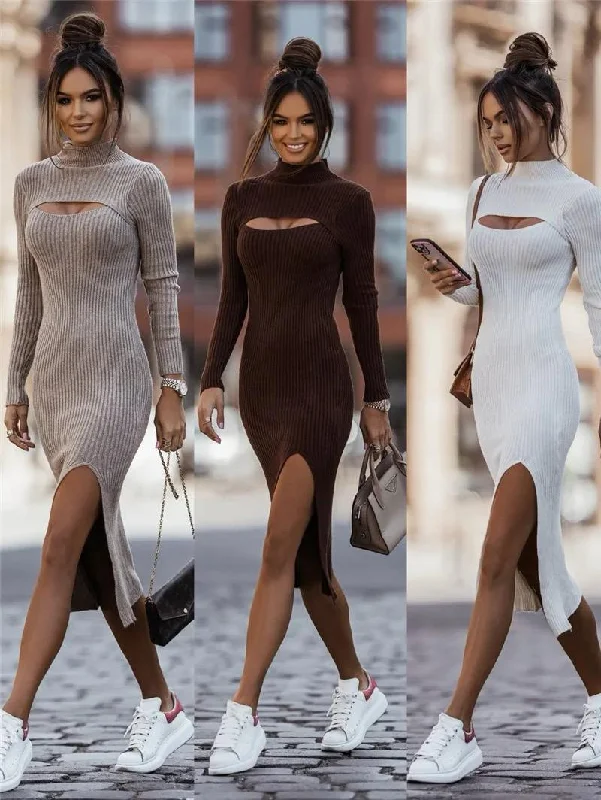 Women's Simple Bodycon Dress for Evening -Javiya High Neck woolen  Bodycon Dress