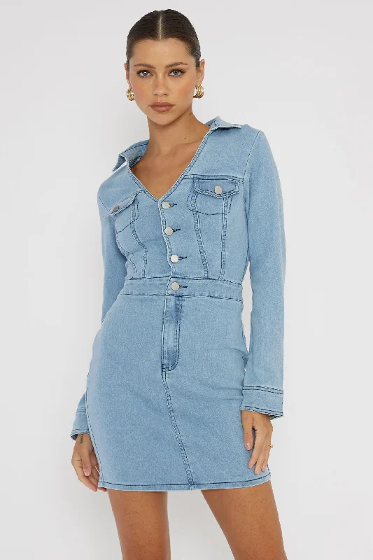Women's Biker Mini Dress-Jazelle Long Sleeve Mini Dress Denim