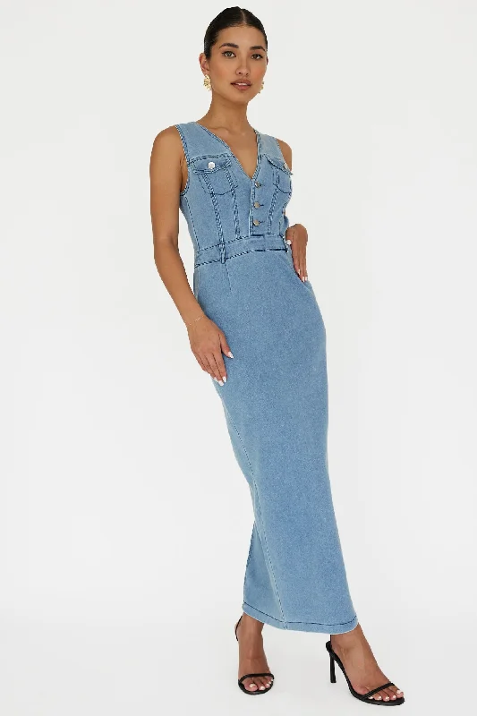 Women's Double Split Maxi Dress-Jazelle Sleeveless Button Front Maxi Dress Denim
