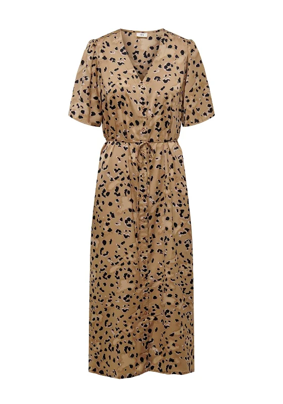 Loose-fit Shirt Dress-JDY Appa Leopard Print V-Neck Maxi Shirt Dress, Toasted Coconut