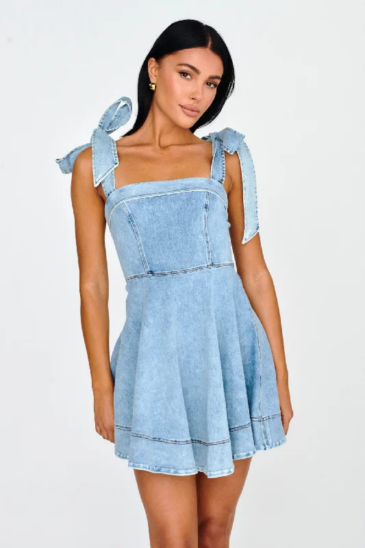 Women's Wraparound Bodycon Mini Dress-Jeanie Bow Shoulder Mini Dress Denim