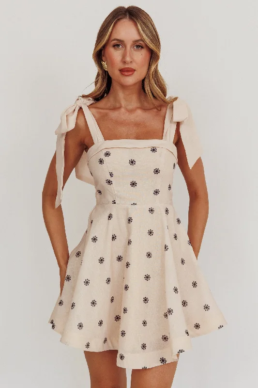 Women's Shoulder Bow Mini Dress-Jeanie Tied Shoulder Mini Dress Oat