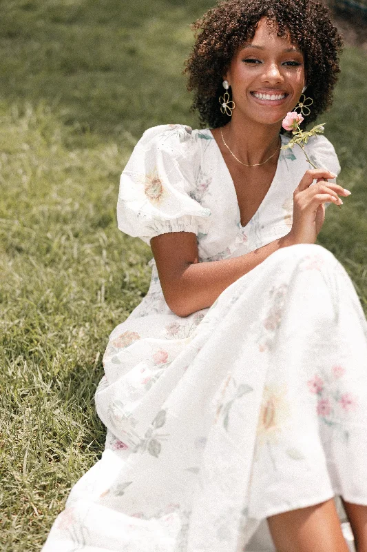 Women's Satin Back Maxi Dress-Jemima Puff Shoulder Maxi Dress - Floral