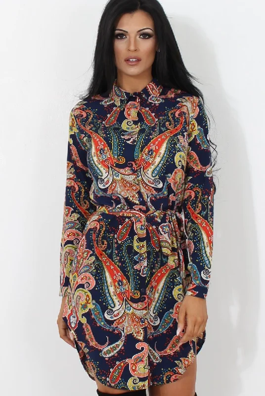 Green Shirt Dress with Belt-Jennifer Navy Paisley Print Shirt Dress