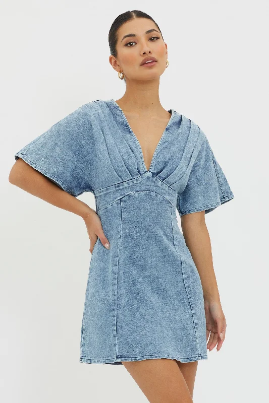 Women's Sequin Embellished Mini Dress-Jessika Pleated Bust Mini Dress Denim Blue