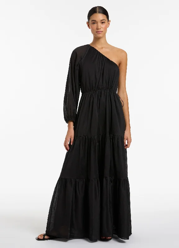 Women's Satin Maxi Dress-Jetset One Shoulder Maxi Dress  - Black