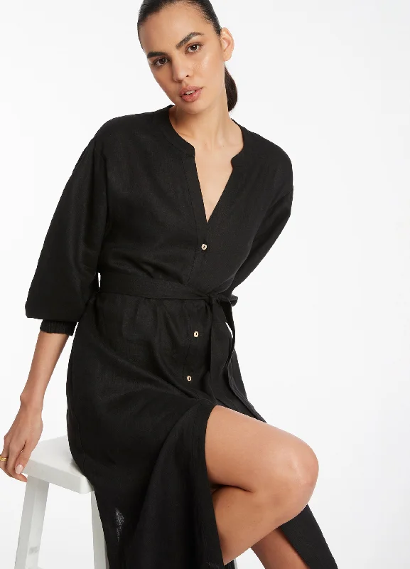 Printed Shirt Dress for Women-Jetset Shirred Cuff Shirt Dress - Black
