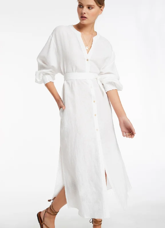 Cropped Shirt Dress-Jetset Shirred Cuff Shirt Dress - White