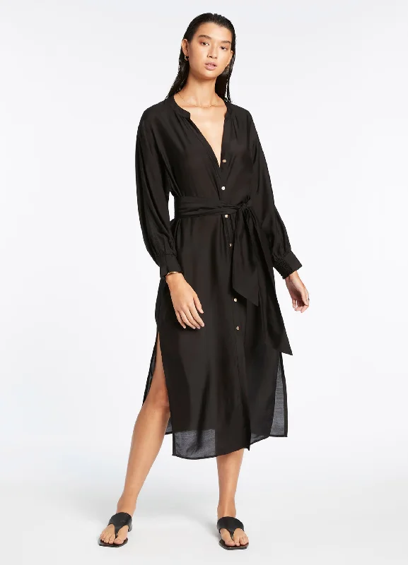 Knee-length Long Sleeve Shirt Dress-Jetset Shirt Dress - Black