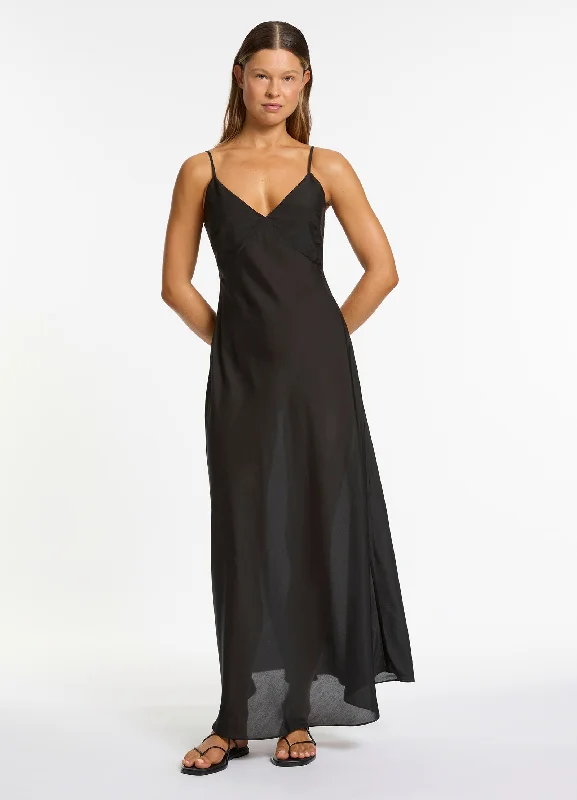 Satin Slip Dress with Open Front -Satin Slip Dress with Choker Detail -Jetset Slip Maxi Dress - Black