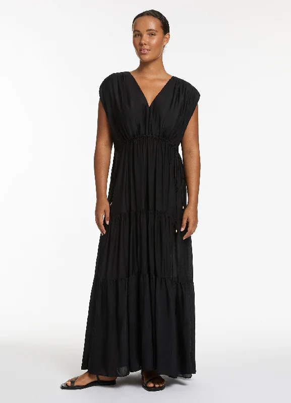 Women's High-neck Maxi Dress-Jetset Tiered Maxi Dress - Black