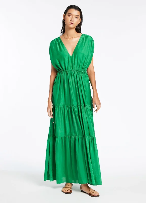 Women's Off-shoulder Party Maxi Dress-Jetset Tiered Maxi Dress - Green