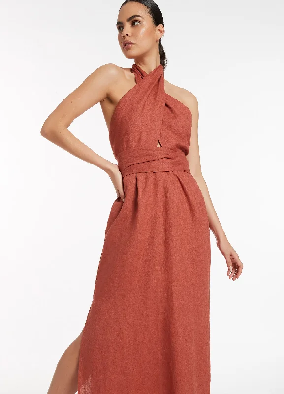 Chic Wrap Dress with High-low Skirt -Wrap Dress with A-line Skirt -Jetset Wrap Front Dress - Terracotta Chic Wrap Dress with High-low Skirt -Wrap Dress with A-line Skirt -Jetset Wrap Front Dress - Terracotta
