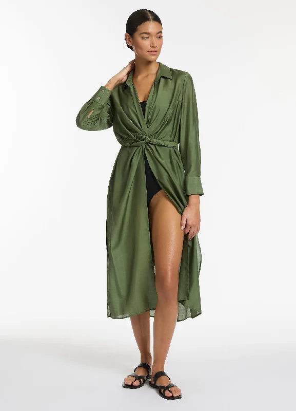 Women's Classic Button Shirt Dress-Jetset Wrap Shirt Dress - Olive