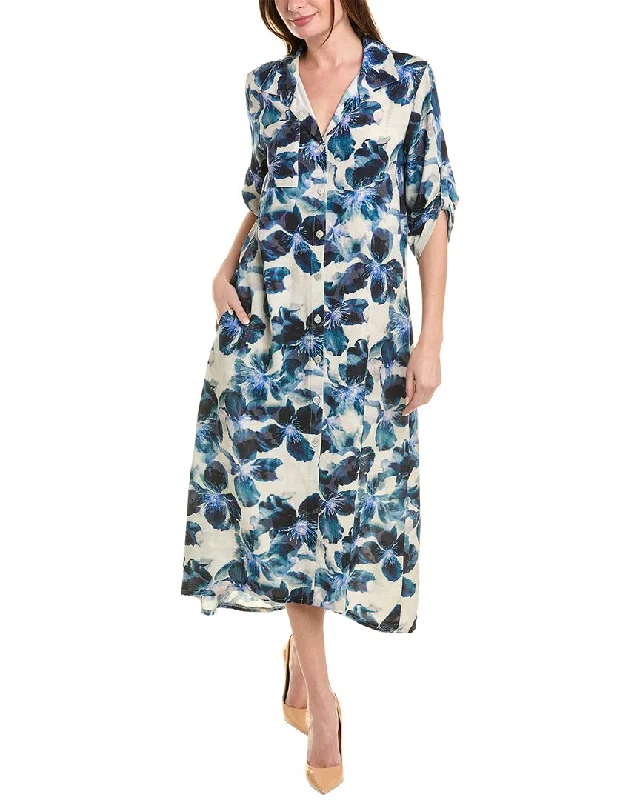 V-neck Shirt Dress-Joseph Ribkoff Floral Linen-Blend Shirtdress