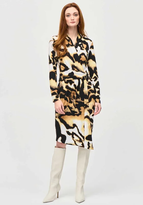Wrap Dress with Pleated Sleeves -Satin Wrap Dress for Night Out -Joseph Ribkoff Animal Print Wrap Dress, Leo Wrap Dress with Pleated Sleeves -Satin Wrap Dress for Night Out -Joseph Ribkoff Animal Print Wrap Dress, Leo
