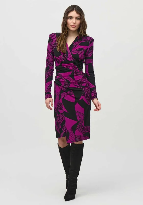 Wrap Dress with Bold Colors -Casual Wrap Dress for Evening -Joseph Ribkoff Printed Ruched Wrap Dress, Purple Wrap Dress with Bold Colors -Casual Wrap Dress for Evening -Joseph Ribkoff Printed Ruched Wrap Dress, Purple