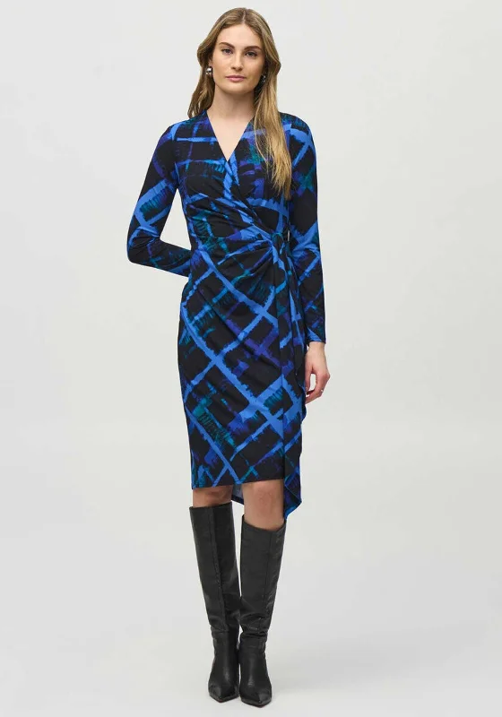 Wrap Dress with Satin Finish -Wrap Dress with Waist Tie -Joseph Ribkoff Grid Print Jersey Wrap Dress, Blue Wrap Dress with Satin Finish -Wrap Dress with Waist Tie -Joseph Ribkoff Grid Print Jersey Wrap Dress, Blue