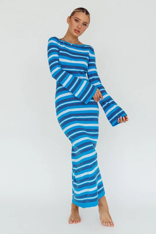 Women's Colorful Maxi Dress-Jozie Long Sleeve Maxi Dress Stripe Blue