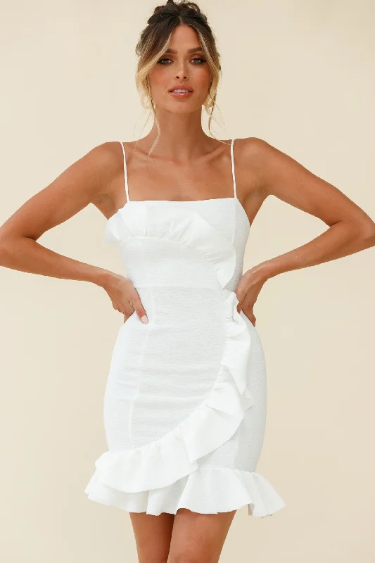 Bodycon Dress with Sheer Sleeves -Juanita Half Moon Ruffle Detail Bodycon Dress White