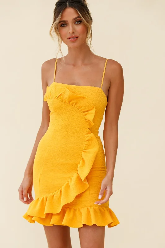 Blue Satin Bodycon Dress -Juanita Half Moon Ruffle Detail Bodycon Dress Yellow