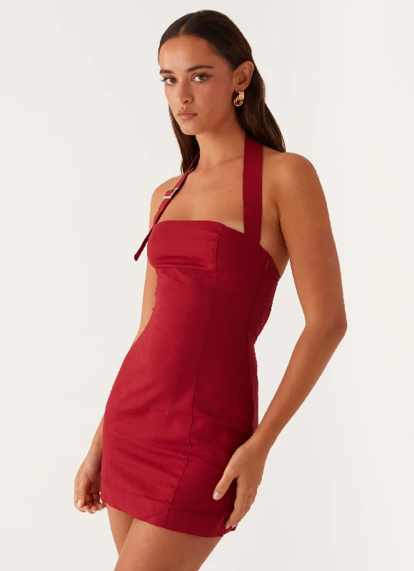 Women's Mini Dress with Pleats-Julianna Linen Mini Dress - Maroon