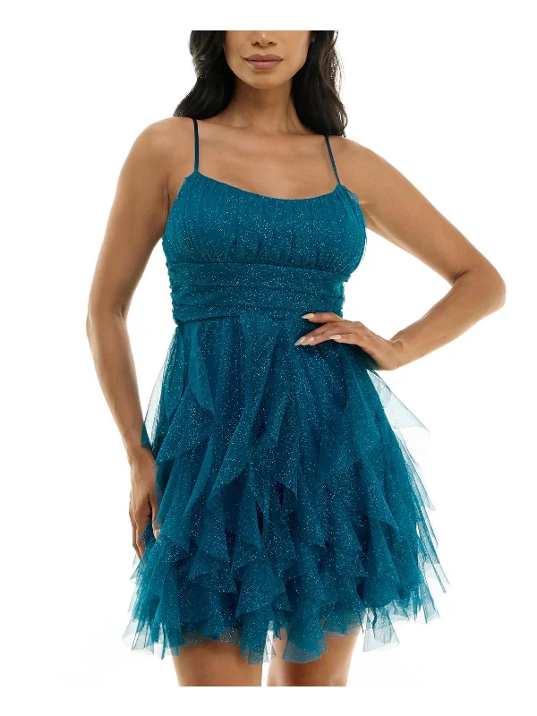 Sequin Mini Party Dress for Night Events -Juniors Womens Corkscrew Ruffles Gathered Cocktail and Party Dress