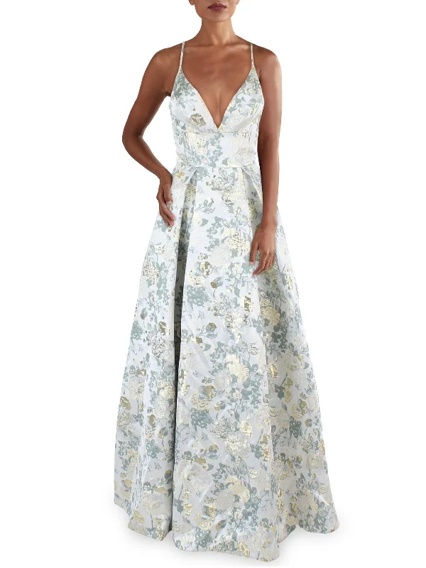Dress with Puff Sleeves for Retro Party Look -Juniors Womens Jacquard Metallic Evening Dress Dress with Puff Sleeves for Retro Party Look -Juniors Womens Jacquard Metallic Evening Dress
