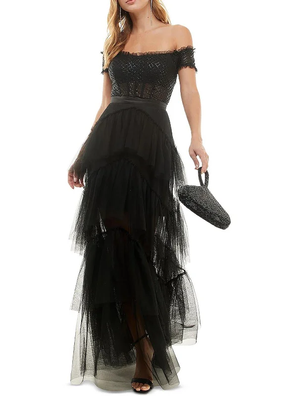 Lace Back Party Dress for Sexy Detail -Juniors Womens Off-The-Shoulder Glitter Evening Dress