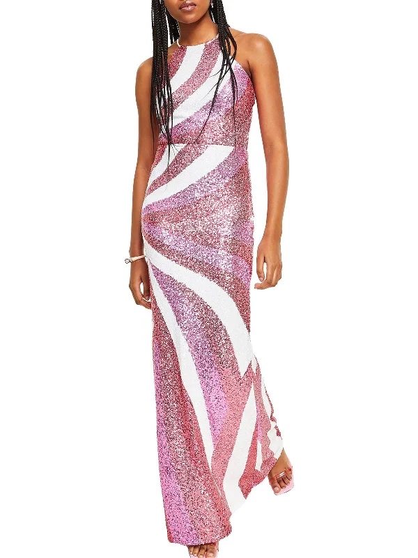 Double-Strap Party Dress for Trendy Appeal -Juniors Womens Sequined Halter Evening Dress