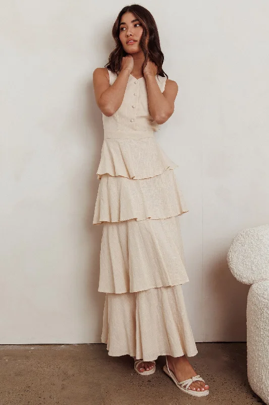 Women's Long Sleeve Wrap Maxi Dress-Just Perfect Tiered Ruffle Maxi Dress Oat