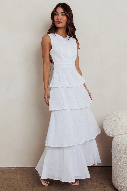 Women's Casual Maxi Dress-Just Perfect Tiered Ruffle Maxi Dress White