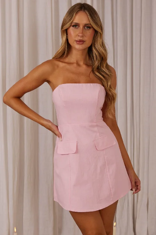 Women's Minimalist A-line Mini Dress-Justine Strapless Faux Pocket Mini Dress Pink