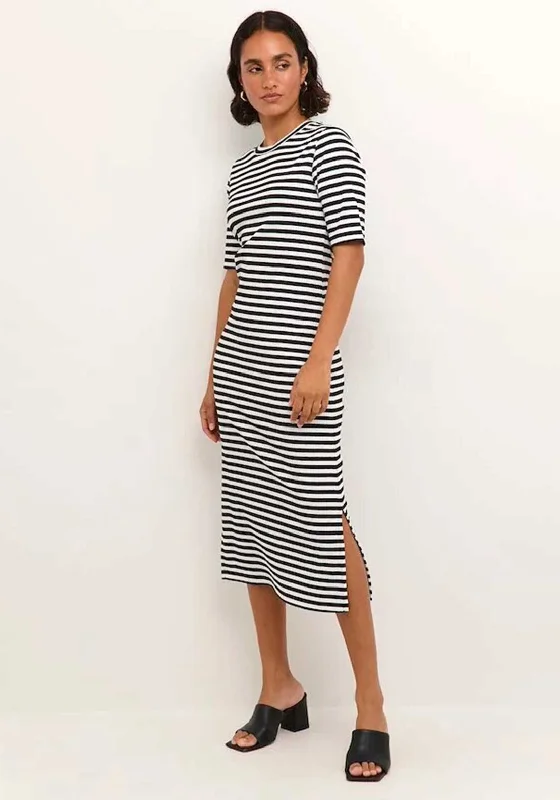 High-neck Shirt Dress-Kaffe Amanda Stripe Midi T-Shirt Dress, Black & Chalk