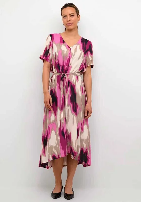 Stylish Button-up Shirt Dress-Kaffe Beathe Abstract Print Shirt Dress, Pink Multi