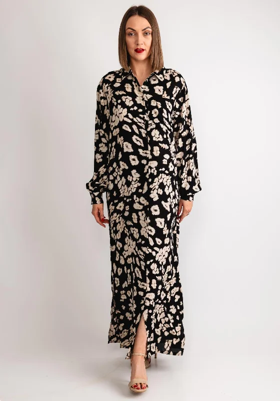 Casual Printed Shirt Dress-Kaffe Beathe Leopard Maxi Shirt Dress, Black